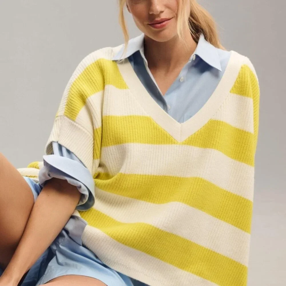 Anthropologie Maeve Oversized Striped V-Neck Sweater Vest in Chartreuse Size M - Picture 1 of 13